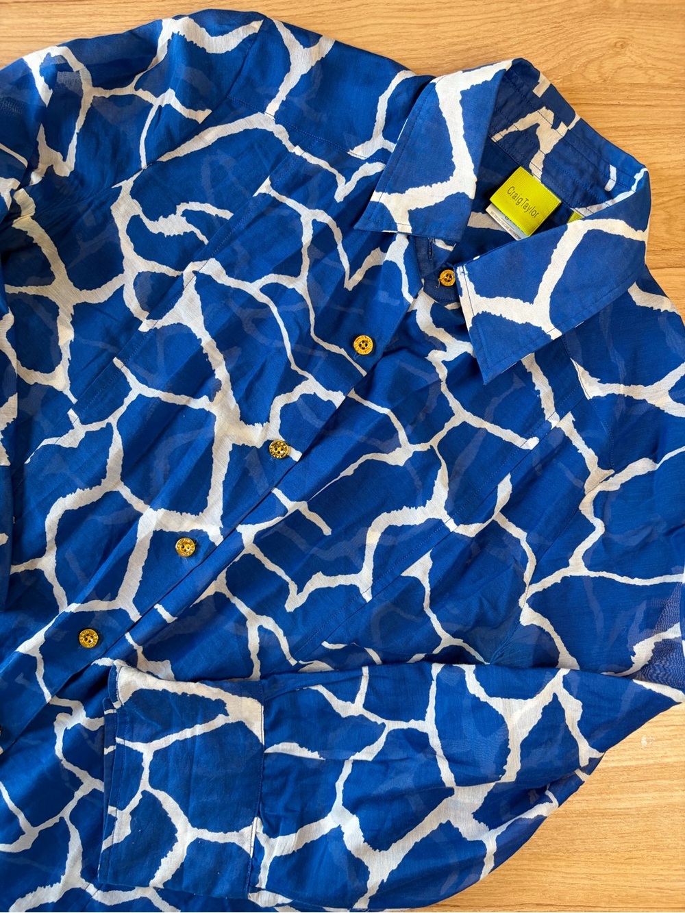 Craig Taylor Blue White Silk Cotton Abstract Print Button Down Blouse Grace S